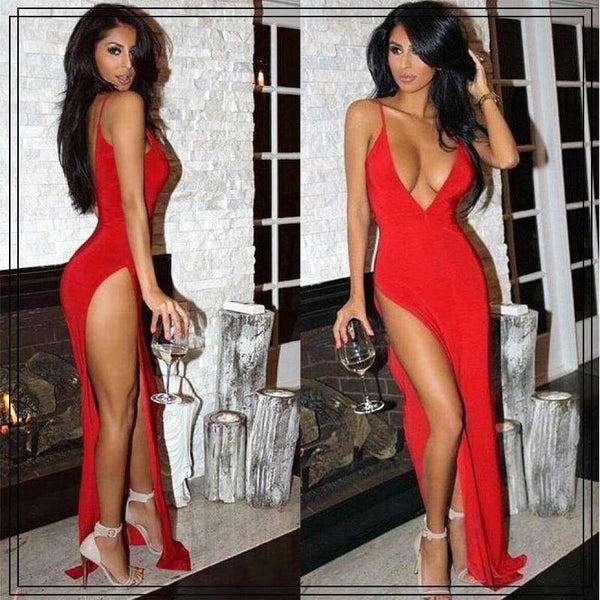 Planet Gates Blue / S Women Elegant Solid Maxi Dress Sundress Party Long Clubwear Dress Sleeveles High Slit Bodycon Evening Club Deep V Neck