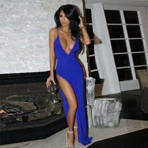 Planet Gates Blue / S Women Elegant Solid Maxi Dress Sundress Party Long Clubwear Dress Sleeveles High Slit Bodycon Evening Club Deep V Neck