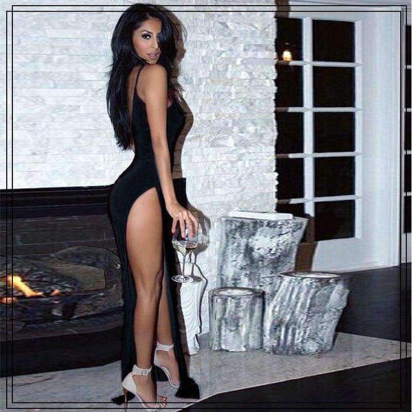 Planet Gates Blue / S Women Elegant Solid Maxi Dress Sundress Party Long Clubwear Dress Sleeveles High Slit Bodycon Evening Club Deep V Neck