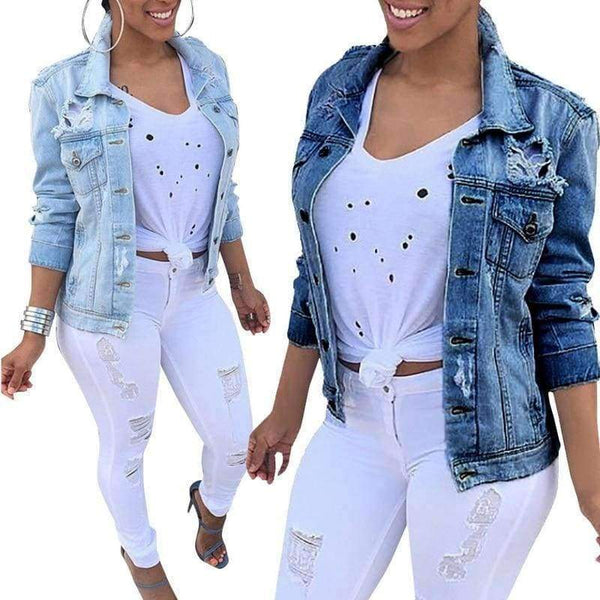 Planet Gates blue / S Women Jeans Jacket Slim Ripped Holes Denim Jacket Femme Elegant Vintage Bomber Jacket 2018 Basic Coats Casacos Feminino