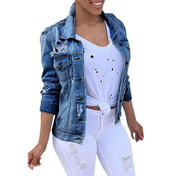 Planet Gates blue / S Women Jeans Jacket Slim Ripped Holes Denim Jacket Femme Elegant Vintage Bomber Jacket 2018 Basic Coats Casacos Feminino