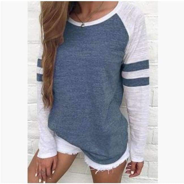 Planet Gates Blue / S Women Striped Splicing Baseball Tshirt 2018 Spring Autumn O Neck Long Sleeve Top Tees All Matched T Shirt Plus Size 5XL