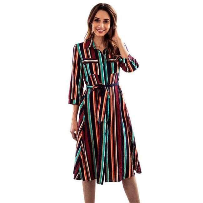 Planet Gates Red / S Yovamoo Colorful Striped Print Dresses Vintage Loose Casual Fashion Button Front Multicolor Midi 2018 Autumn Gatsby Dress Women