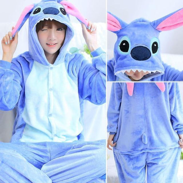 Planet Gates Blue stitch / S Animal Pajamas Flannel Winter Women Men Unicorn Stitch Panda Pikachu Onesie Sleep lounge Sleepwear