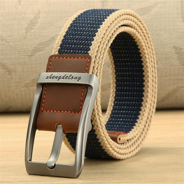 Fashion Striped Men's Belt High-quality Encrypted Canvas Hard Metal Steel Buckle Belt For Men Leather Closure Sports Belt