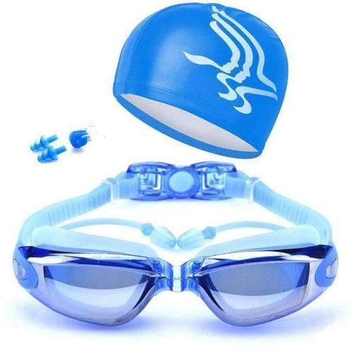 Planet Gates Blue Swim Glasses Kit Coated Lens Anti Fog Swim Goggles Case Nose Clip Ear Plugs Men Women badmuts Swimming Caps Set