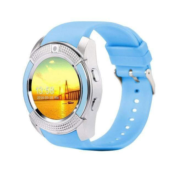 Planet Gates blue V8 Smartwatch Bluetooth Pedometer SIM TF Card Watch Camera 2G Color Display Wrist Smart Watch Waterproof Device For Android