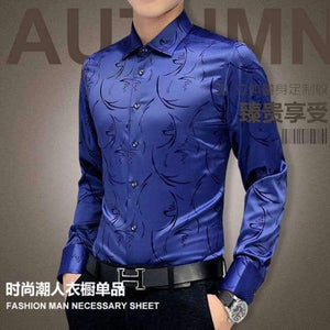 Planet Gates Blue with Foral / 4XL Plus Size 5XL 2017 New Men's Luxury Shirts Wedding Party Dress Long Sleeve Shirt Silk Tuxedo Shirt Men Mercerized Cotton Shirt