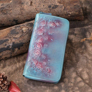 Planet Gates Blue Women's wallet Retro flowers female long zipper wallets real genuine leather handbag card holder coins purses phone bag