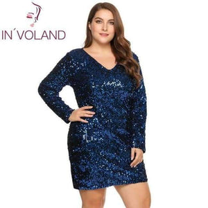 Planet Gates Blue / XL / China IN'VOLAND Women's  Dress Plus Size Sexy Deep V-Neck Long Sleeve Sequined Bodycon Cocktail Club Sheath Loose Ladies Dresses