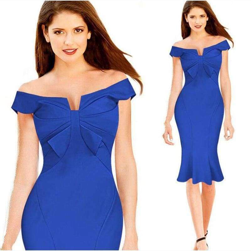 Planet Gates Blue / XL Party Dresses Sexy Slash Neck Backless Mid Calf Dresses For Ladies 2017 Summer Fashion Solid Sheath Event Female Dress
