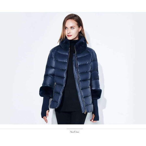 Planet Gates blue / XL Women's Coat Warm Winter Jacket Real Rabbit Fur Collar / Sleeve Removable Windbreaker Plus Fat Jacket SnowClassic