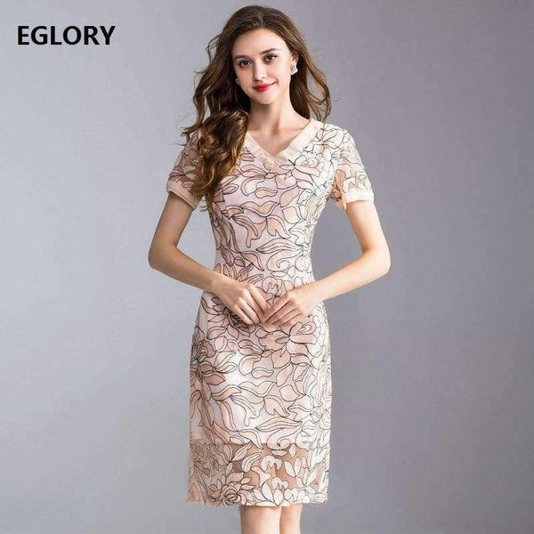 Planet Gates blue / XL Womens Fashion Summer Party Event Dress 2018 Ladies V-Neck Allover Exquisite Embroidery Lace up Dress Knee Length