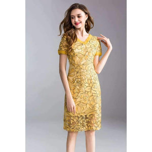 Planet Gates blue / XL Womens Fashion Summer Party Event Dress 2018 Ladies V-Neck Allover Exquisite Embroidery Lace up Dress Knee Length