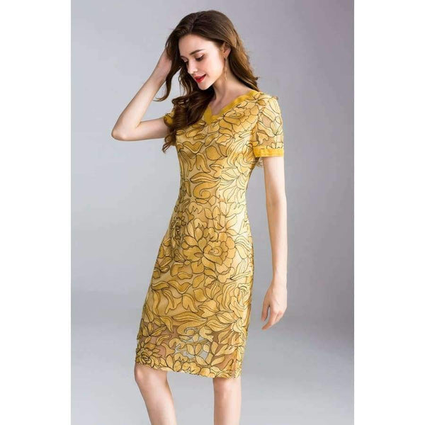 Planet Gates blue / XL Womens Fashion Summer Party Event Dress 2018 Ladies V-Neck Allover Exquisite Embroidery Lace up Dress Knee Length