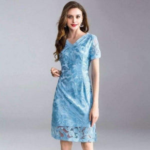 Planet Gates blue / XL Womens Fashion Summer Party Event Dress 2018 Ladies V-Neck Allover Exquisite Embroidery Lace up Dress Knee Length