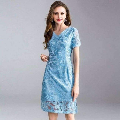 Planet Gates blue / XL Womens Fashion Summer Party Event Dress 2018 Ladies V-Neck Allover Exquisite Embroidery Lace up Dress Knee Length