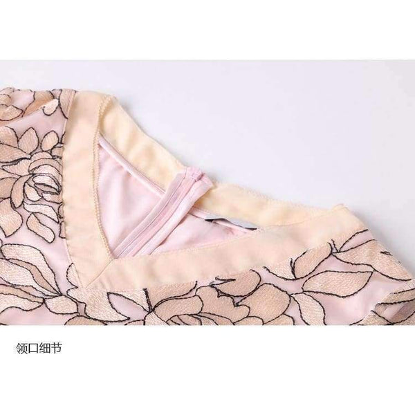 Planet Gates blue / XL Womens Fashion Summer Party Event Dress 2018 Ladies V-Neck Allover Exquisite Embroidery Lace up Dress Knee Length