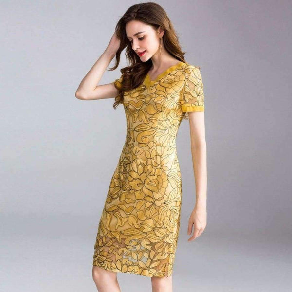 Planet Gates blue / XL Womens Fashion Summer Party Event Dress 2018 Ladies V-Neck Allover Exquisite Embroidery Lace up Dress Knee Length