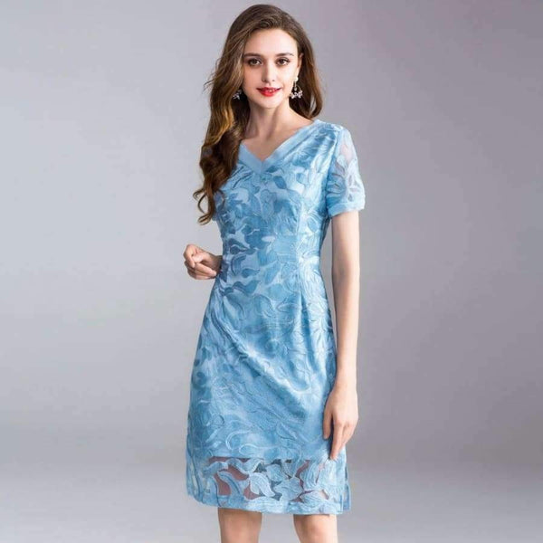 Planet Gates blue / XL Womens Fashion Summer Party Event Dress 2018 Ladies V-Neck Allover Exquisite Embroidery Lace up Dress Knee Length