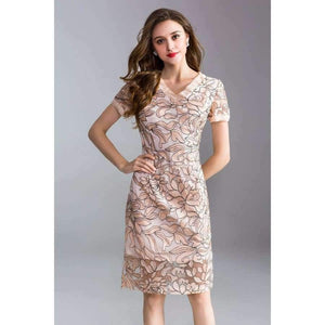 Planet Gates blue / XL Womens Fashion Summer Party Event Dress 2018 Ladies V-Neck Allover Exquisite Embroidery Lace up Dress Knee Length