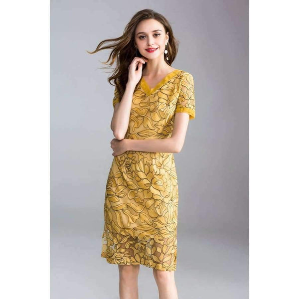 Planet Gates blue / XL Womens Fashion Summer Party Event Dress 2018 Ladies V-Neck Allover Exquisite Embroidery Lace up Dress Knee Length