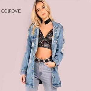 Planet Gates Blue / XS Light Mineral Washed Denim Jacket Blue Distressed Women Longline Coat 2017 Autumn Full Sleeve Casual Button Up Jacket