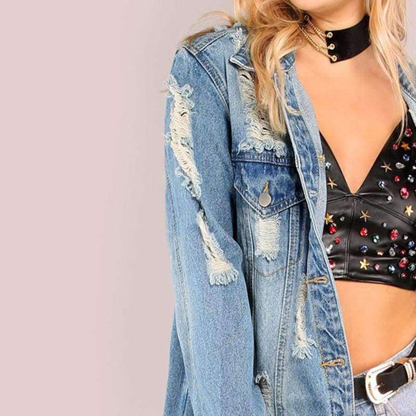 Planet Gates Blue / XS Light Mineral Washed Denim Jacket Blue Distressed Women Longline Coat 2017 Autumn Full Sleeve Casual Button Up Jacket