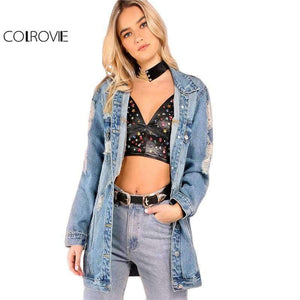 Planet Gates Blue / XS Light Mineral Washed Denim Jacket Blue Distressed Women Longline Coat 2017 Autumn Full Sleeve Casual Button Up Jacket