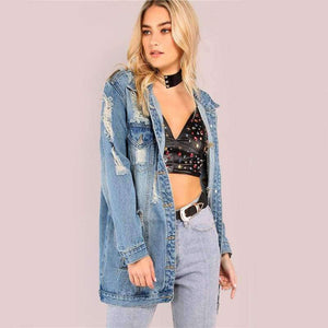 Planet Gates Blue / XS Light Mineral Washed Denim Jacket Blue Distressed Women Longline Coat 2017 Autumn Full Sleeve Casual Button Up Jacket