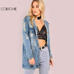 Planet Gates Blue / XS Light Mineral Washed Denim Jacket Blue Distressed Women Longline Coat 2017 Autumn Full Sleeve Casual Button Up Jacket