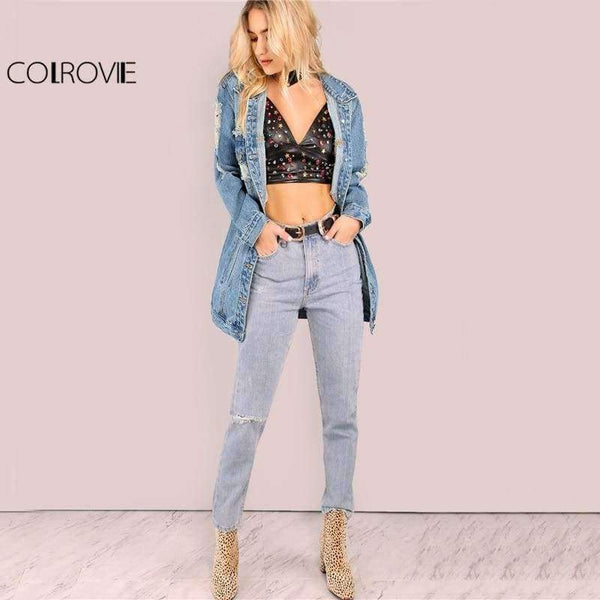 Planet Gates Blue / XS Light Mineral Washed Denim Jacket Blue Distressed Women Longline Coat 2017 Autumn Full Sleeve Casual Button Up Jacket