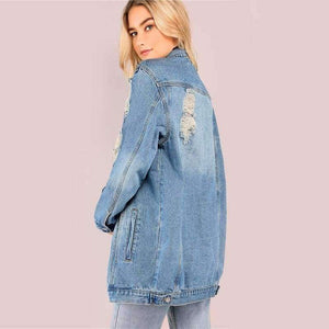 Planet Gates Blue / XS Light Mineral Washed Denim Jacket Blue Distressed Women Longline Coat 2017 Autumn Full Sleeve Casual Button Up Jacket