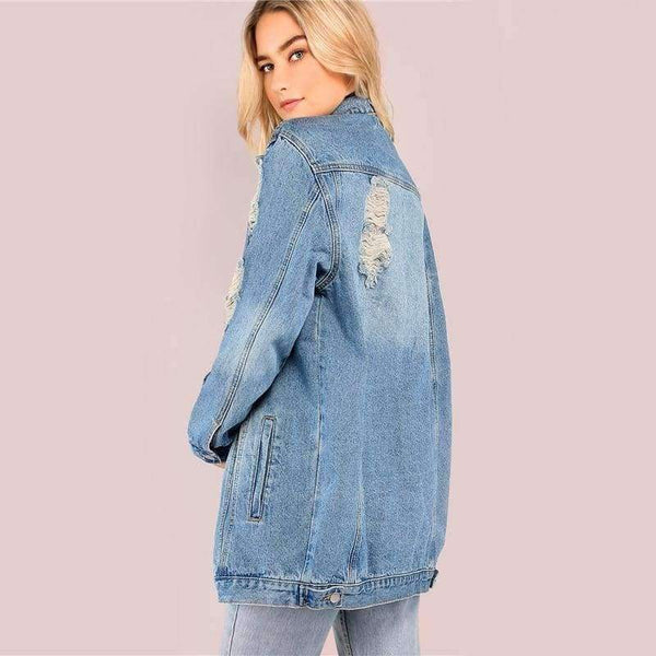 Planet Gates Blue / XS Light Mineral Washed Denim Jacket Blue Distressed Women Longline Coat 2017 Autumn Full Sleeve Casual Button Up Jacket