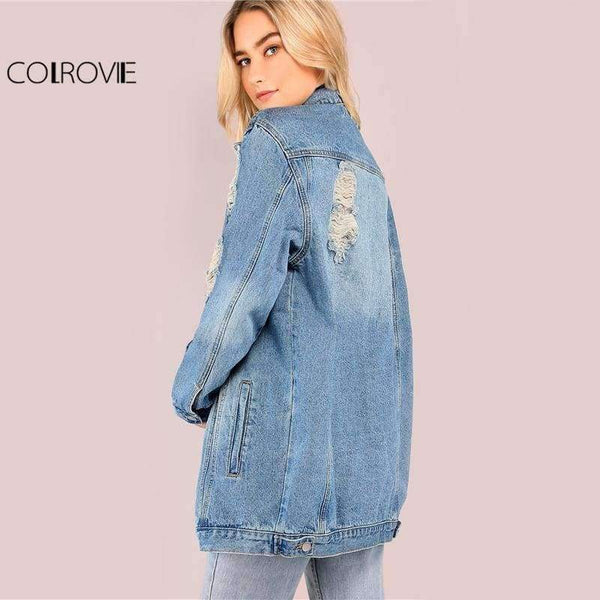 Planet Gates Blue / XS Light Mineral Washed Denim Jacket Blue Distressed Women Longline Coat 2017 Autumn Full Sleeve Casual Button Up Jacket