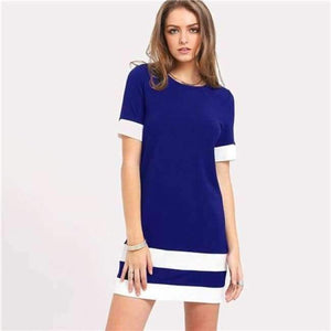 Planet Gates Blå / XS Sheinside Office Ladies Color Block Casual Minikjoler Arbejdstøj Sort Hvid Patchwork Rund Hals Kortærmet Shiftkjole