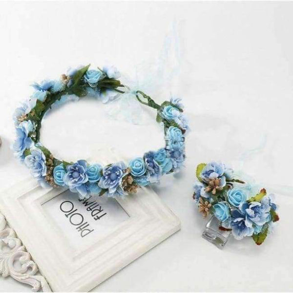 Planet Gates blue2 Handmade festival hair ribbon flower hair accessories artificial floral women girl wedding headband crown garland handwrist sets