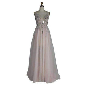 Planet Gates Blush / 6 Gowm Spaghetti Strap Illusion Hand Work Beaded Train Long Prom Evening dress Deep V New OL103012