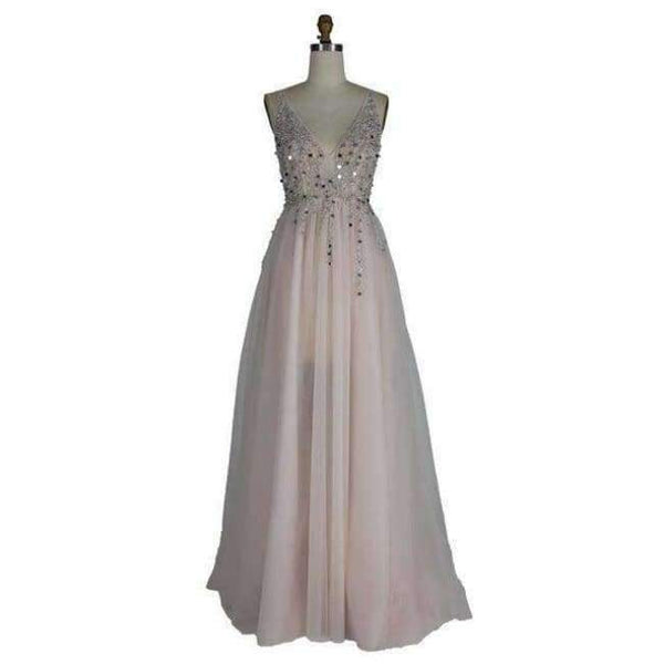 Planet Gates Blush / 6 Gowm Spaghetti Strap Illusion Hand Work Beaded Train Long Prom Evening dress Deep V New OL103012