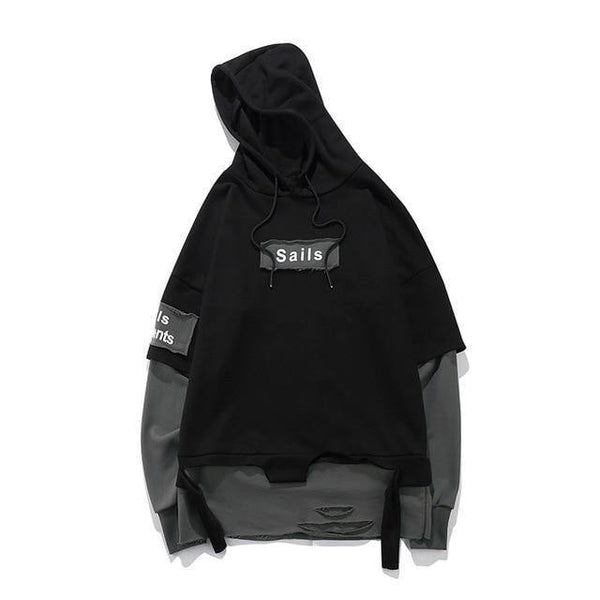 Planet Gates BM832 black / M Pullover Men Fake two pieces Hooded high quality Sweatshirts Cotton Hip Hop Letter printed Men Ribbon Oversized Hoodies