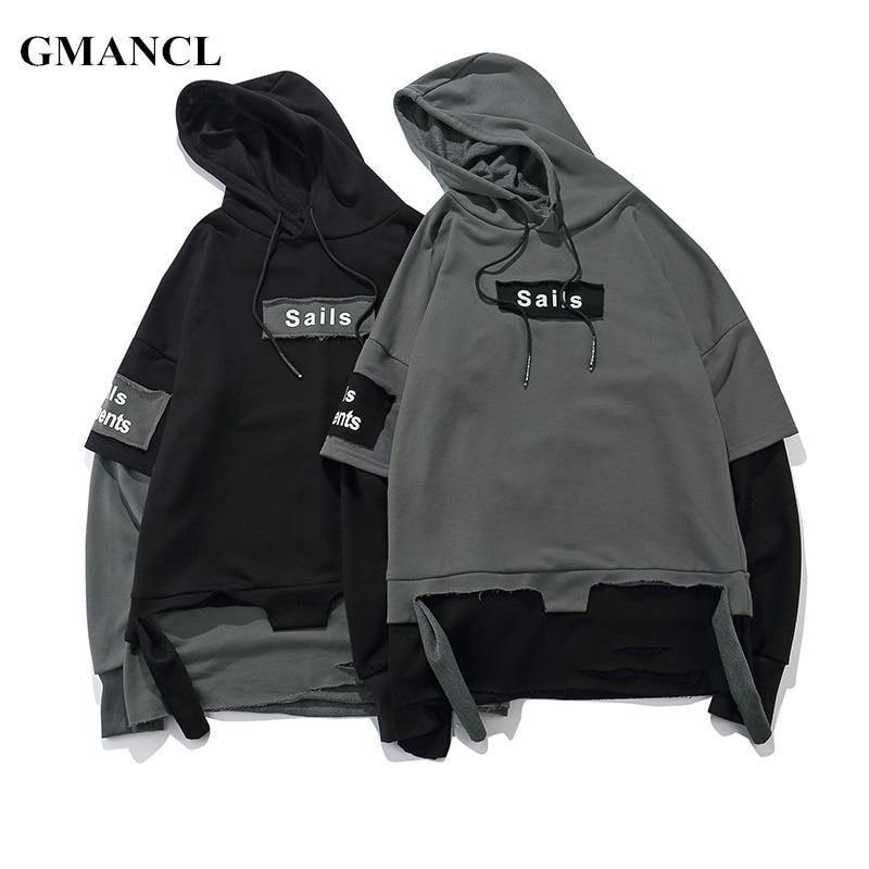 Planet Gates BM832 gray / M Pullover Men Fake two pieces Hooded high quality Sweatshirts Cotton Hip Hop Letter printed Men Ribbon Oversized Hoodies