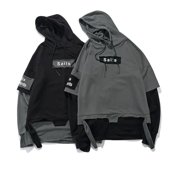 Planet Gates BM832 gray / M Pullover Men Fake two pieces Hooded high quality Sweatshirts Cotton Hip Hop Letter printed Men Ribbon Oversized Hoodies