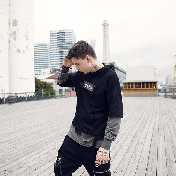 Planet Gates BM832 gray / M Pullover Men Fake two pieces Hooded high quality Sweatshirts Cotton Hip Hop Letter printed Men Ribbon Oversized Hoodies