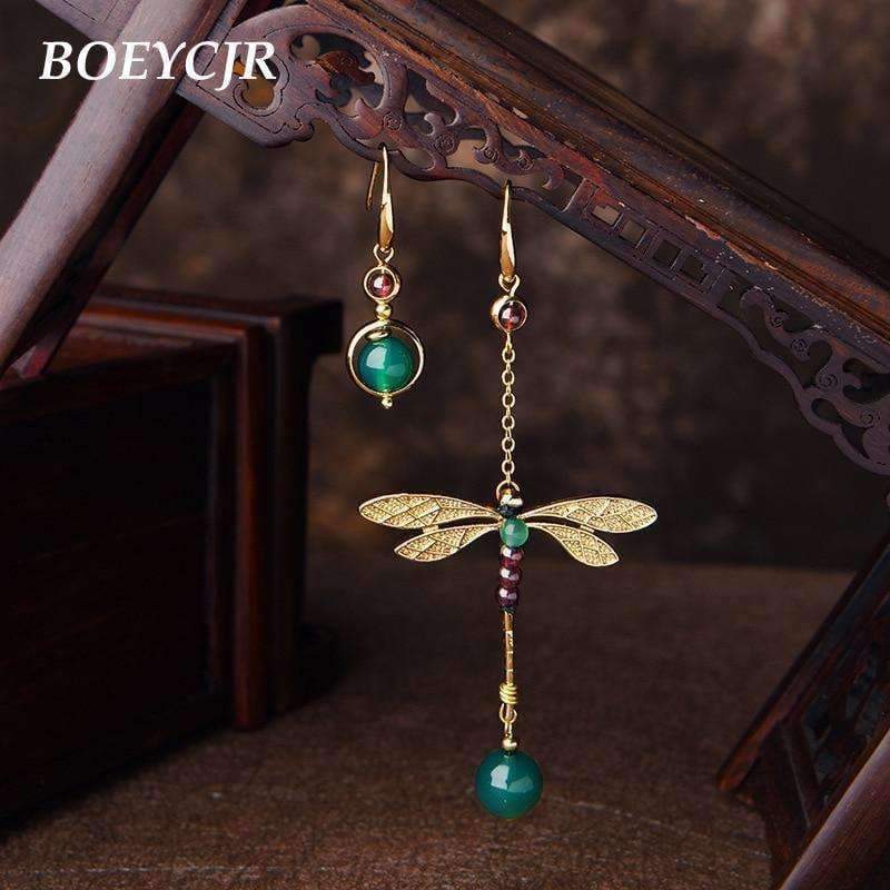 Planet Gates BOEYCJR Ethnic Vintage Dragonfly Stone Bead Asymmetric Dangle Earrings Fashion Jewelry Drop Hook Earrings For Women Gift 2018