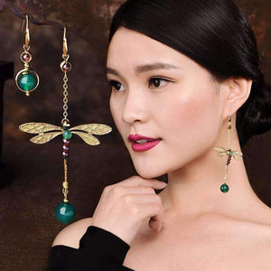 Planet Gates BOEYCJR Ethnic Vintage Dragonfly Stone Bead Asymmetric Dangle Earrings Fashion Jewelry Drop Hook Earrings For Women Gift 2018
