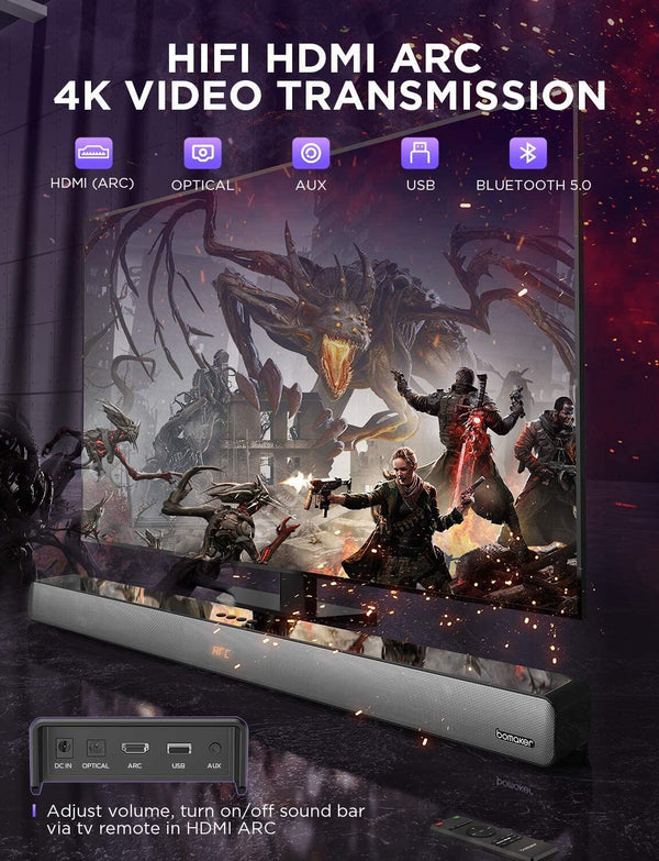 Planet Gates BOMAKER 100W TV Sound Bar Wired&Wireless Bluetooth Home 9 EQs/Deep Bass/CEC Remote/3D Surround SoundBar PC Theater TV Speaker