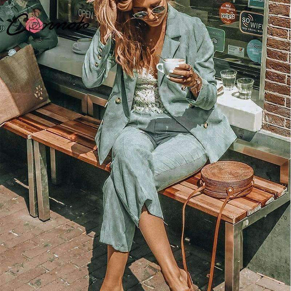 Planet Gates Bottom / S Blazer Coat Set Business Casual Women Suits Vintage Double Breasted Zipper Pant Ladies 2 Pieces Blazer Pant Set