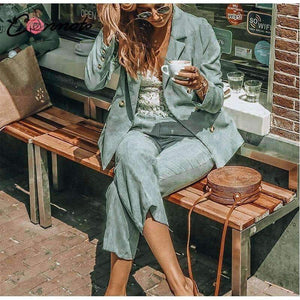 Planet Gates Bottom / S Blazer Coat Set Business Casual Women Suits Vintage Double Breasted Zipper Pant Ladies 2 Pieces Blazer Pant Set