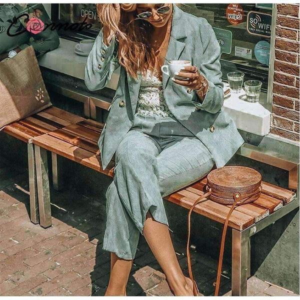 Planet Gates Bottom / S Blazer Coat Set Business Casual Women Suits Vintage Double Breasted Zipper Pant Ladies 2 Pieces Blazer Pant Set