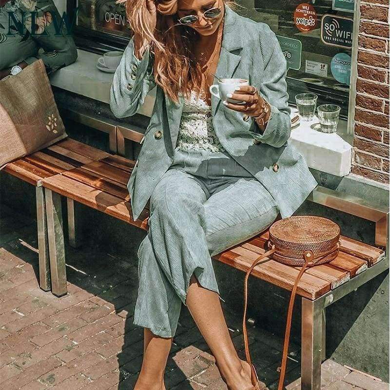 Planet Gates Bottom / S Women Pant Suit Corduroy Business Blazer Coat Set Casual Suits Vintage Double Breasted Zipper 2 Pieces Blazer Pant Set